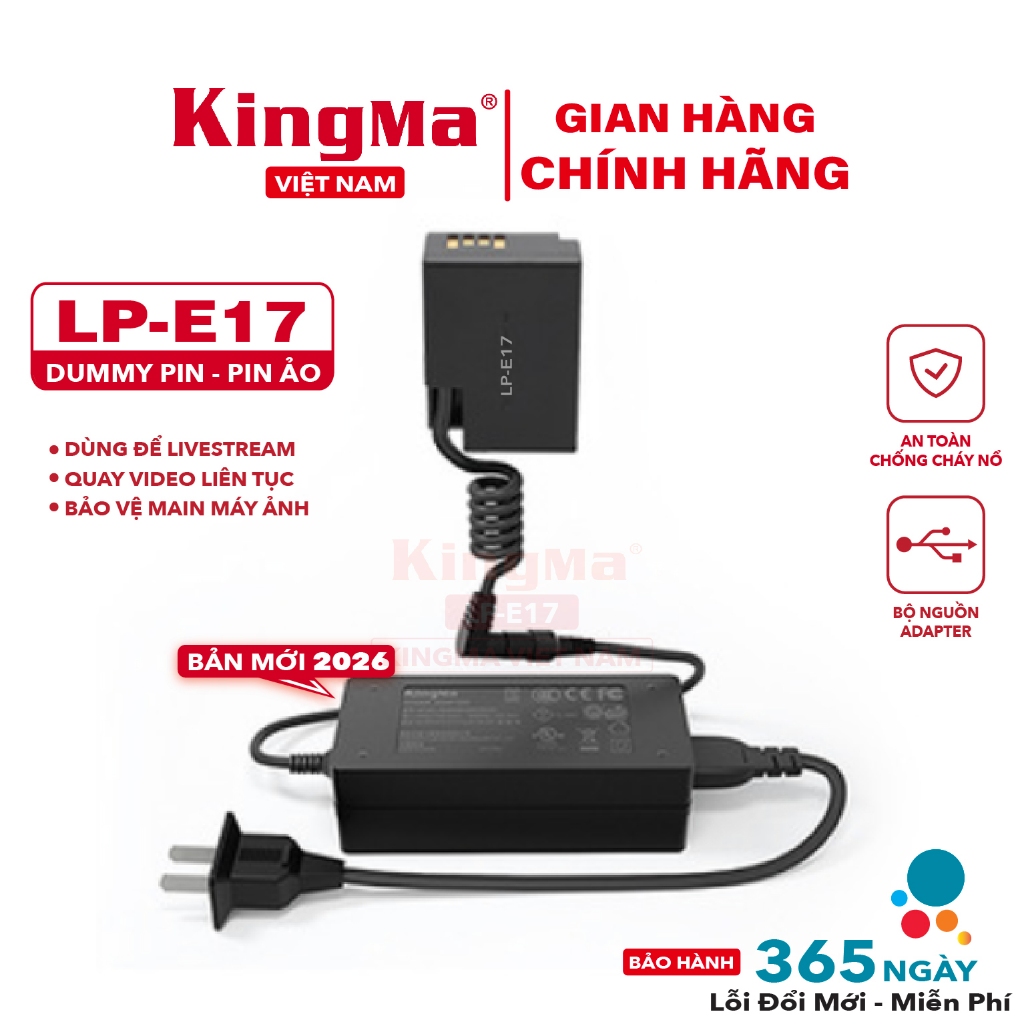 Dummy Pin LP-E17 Kèm Adapter Nguồn 220V KingMa Cho Canon R50 R10 R8 RP... Livestream