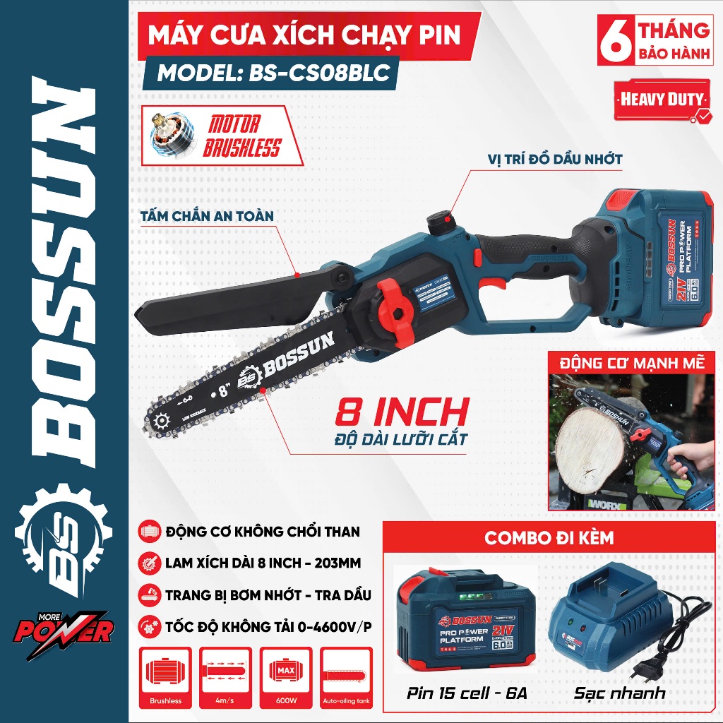 Máy cưa xích dùng pin lam 8inch BS BOSSUN BS-CS08BLC, Có tra nhớt tự động, Động cơ không chổi than