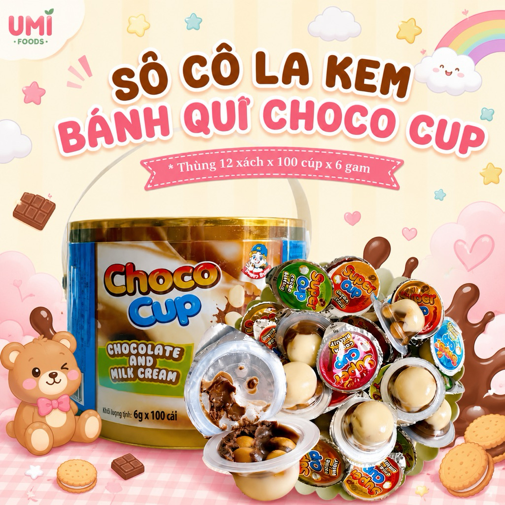 [Xách 100cup x6gam] Bánh bích qui sô cô la kem CHOCO CUP mini kèm muỗng
