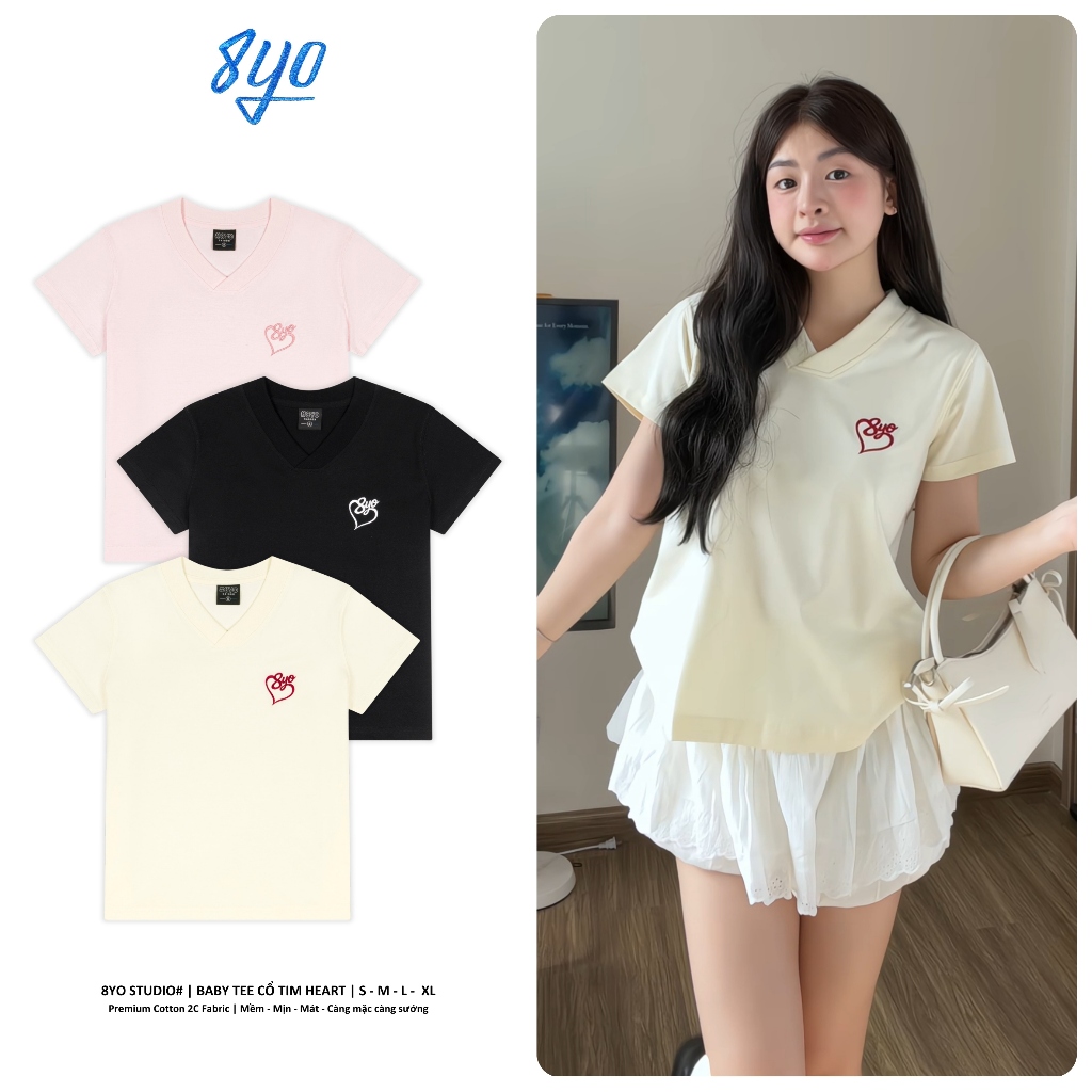 Áo Baby Tee Cổ Tim Thêu 8YO HEART Cotton Mềm Mịn Mát - Áo Baby Tee Local Brand Chính Hãng | BigBuy360 - bigbuy360.vn