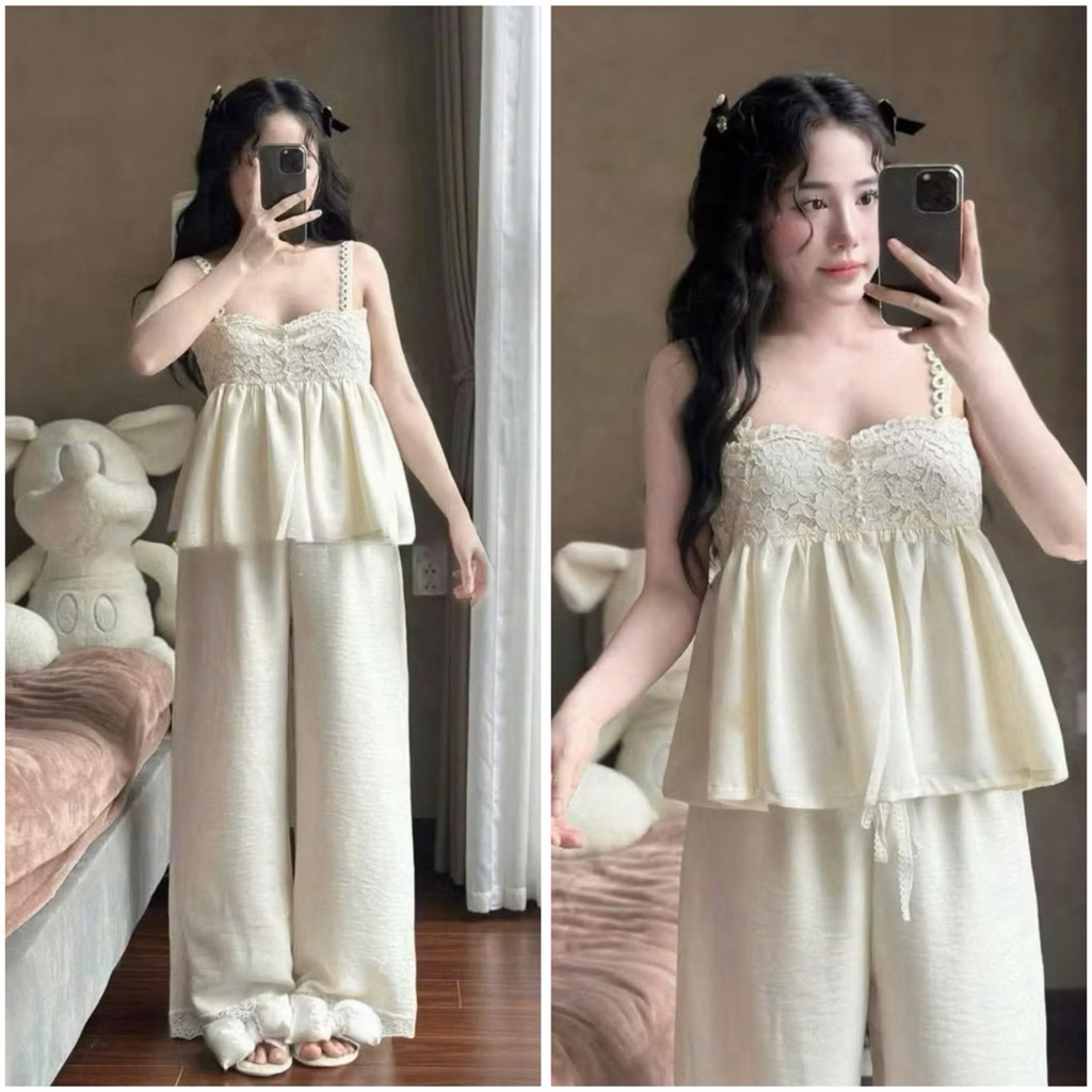 Bộ đồ ngủ mặc nhà 2 dây quần dài bánh bèo vải thô tơ kem Quảng Châu Cao Cấp