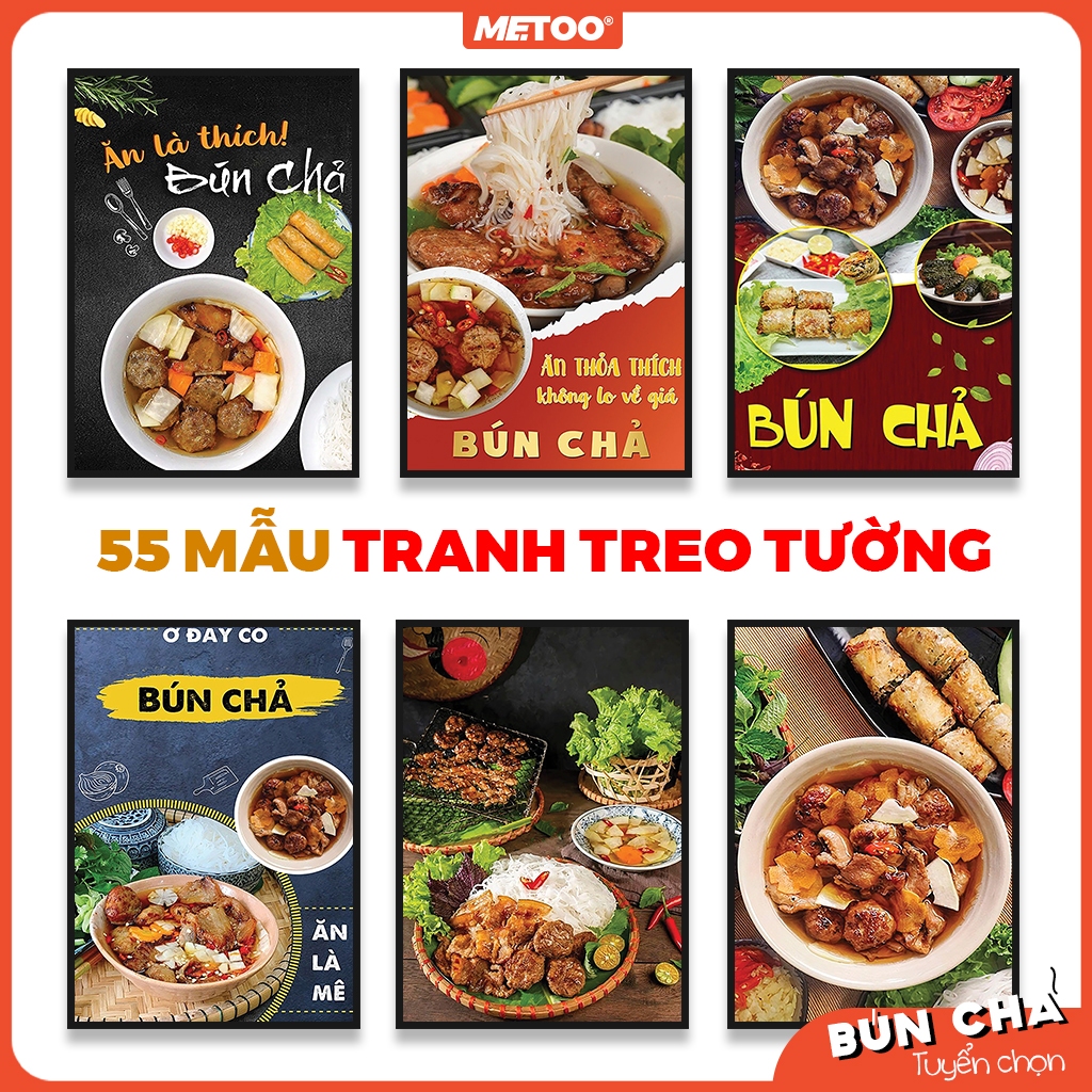 Bộ 2 - Tranh quán bún chả chấm, bún chả nướng, bún chả nem treo tường có khung - METOO