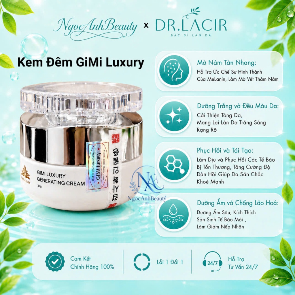 Kem Chống Nắng Gimi, Kem Đêm GiMi Luxury Mờ Thâm Nám, Dưỡng Trắng, Phục Hồi, Tái Tạo Da Chính Hãng