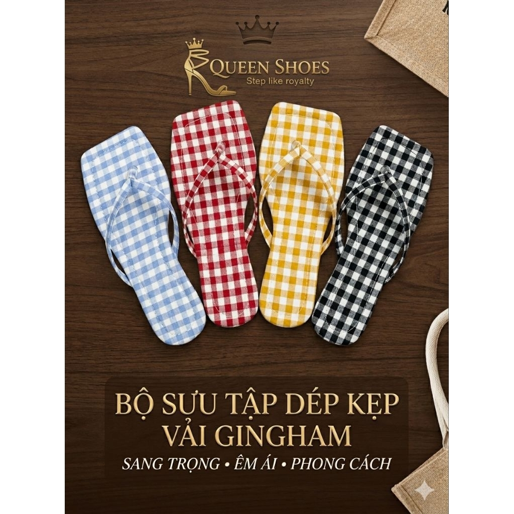 Queen shoes-( Mẫu mới) Dép Kẹp Nữ Mũi Vuông, Hoạ Tiết Caro, Đế Chống Trơn Trượt.