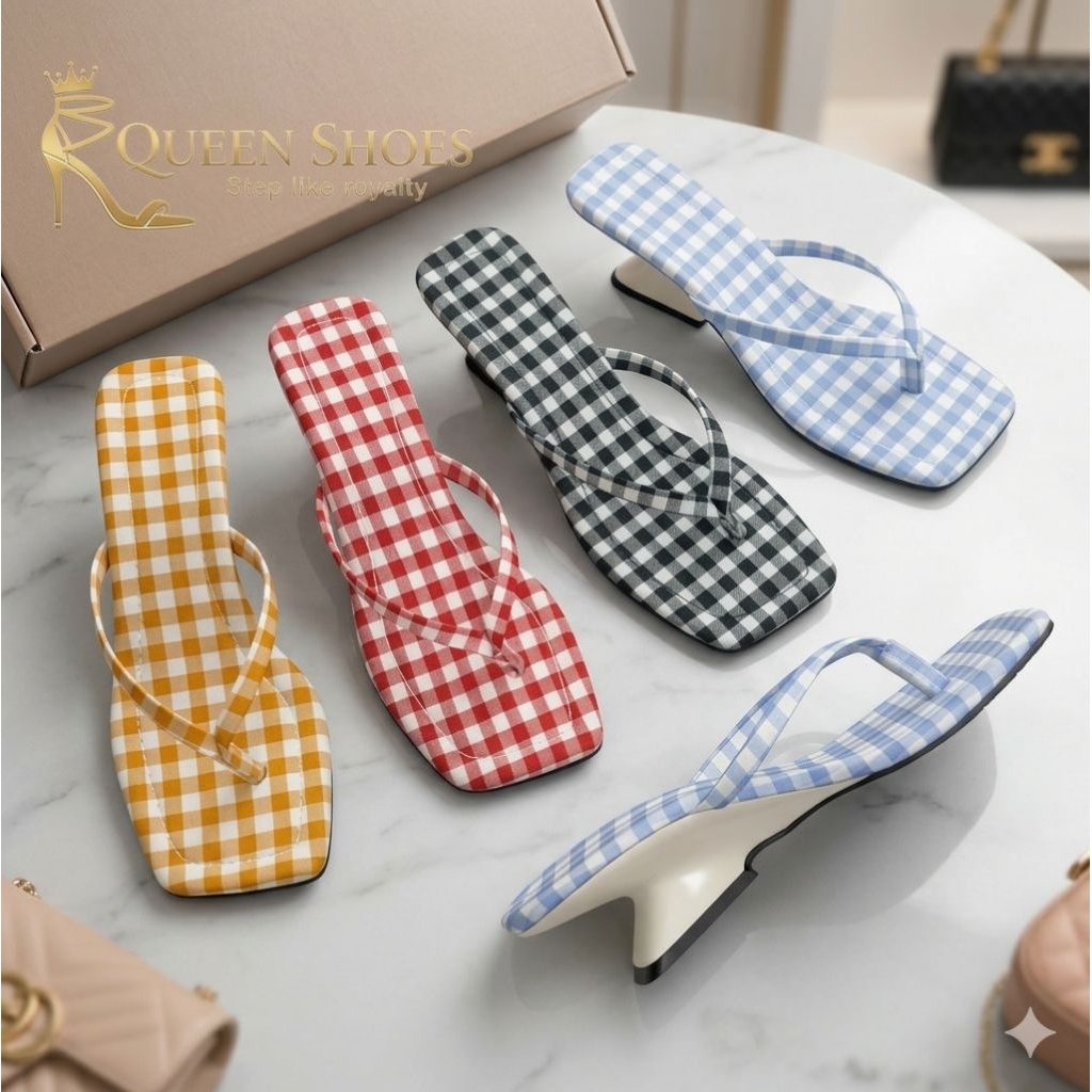 Queen shoes-  Mẫu mới Guốc xuồng 5P quai kẹp caro xinh tươi