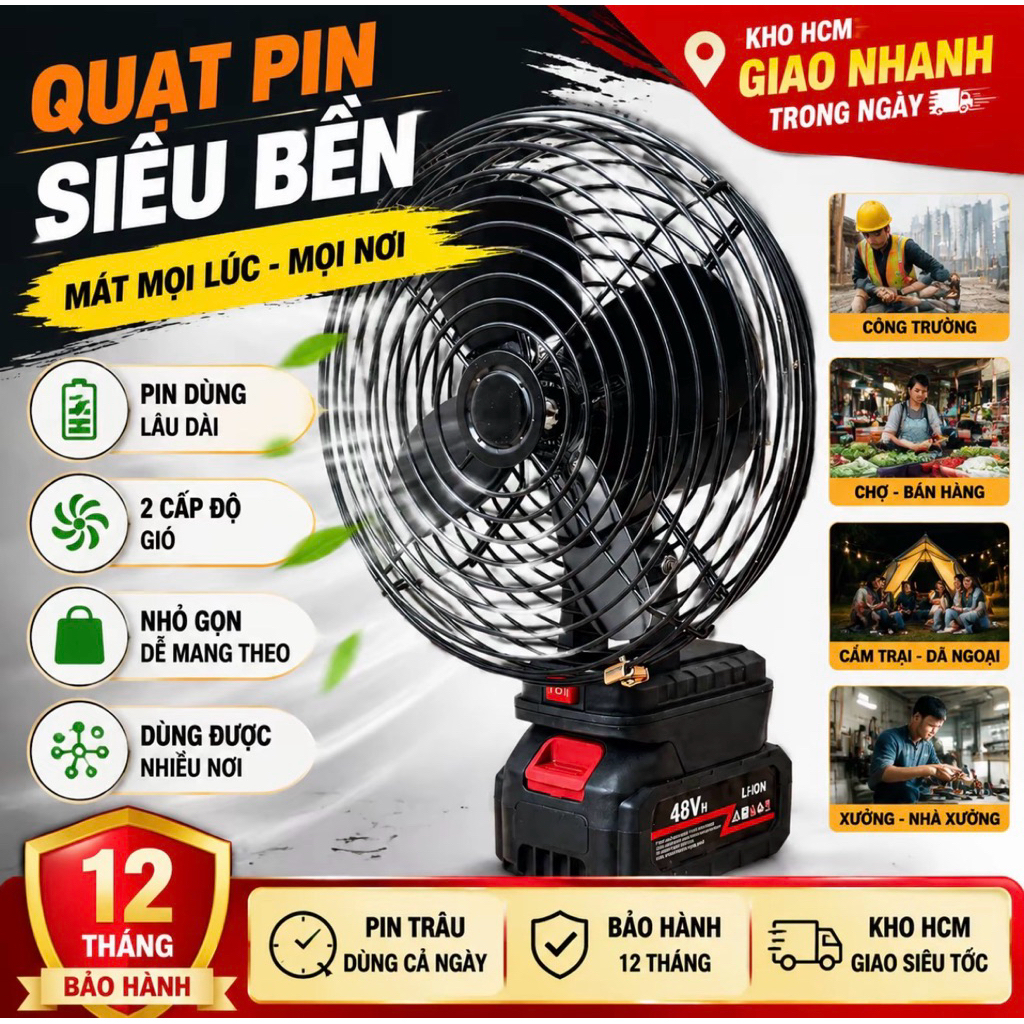 Quạt Tích Điện Kèm Pin 10 Cell, Đầy Đủ Phụ Kiện Quạt + Pin + Sạc , Quạt Tích Điện Lồng Sắt Chay Liên