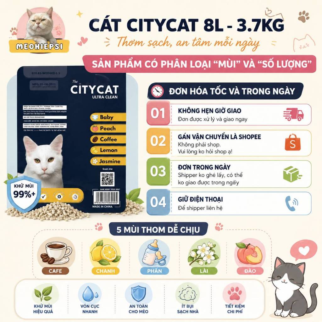 COMBO cát citycat, đất/cát vệ sinh cho thú cưng  nhãn hiệu Citycat vón tốt, khử mùi và ít bụi - City