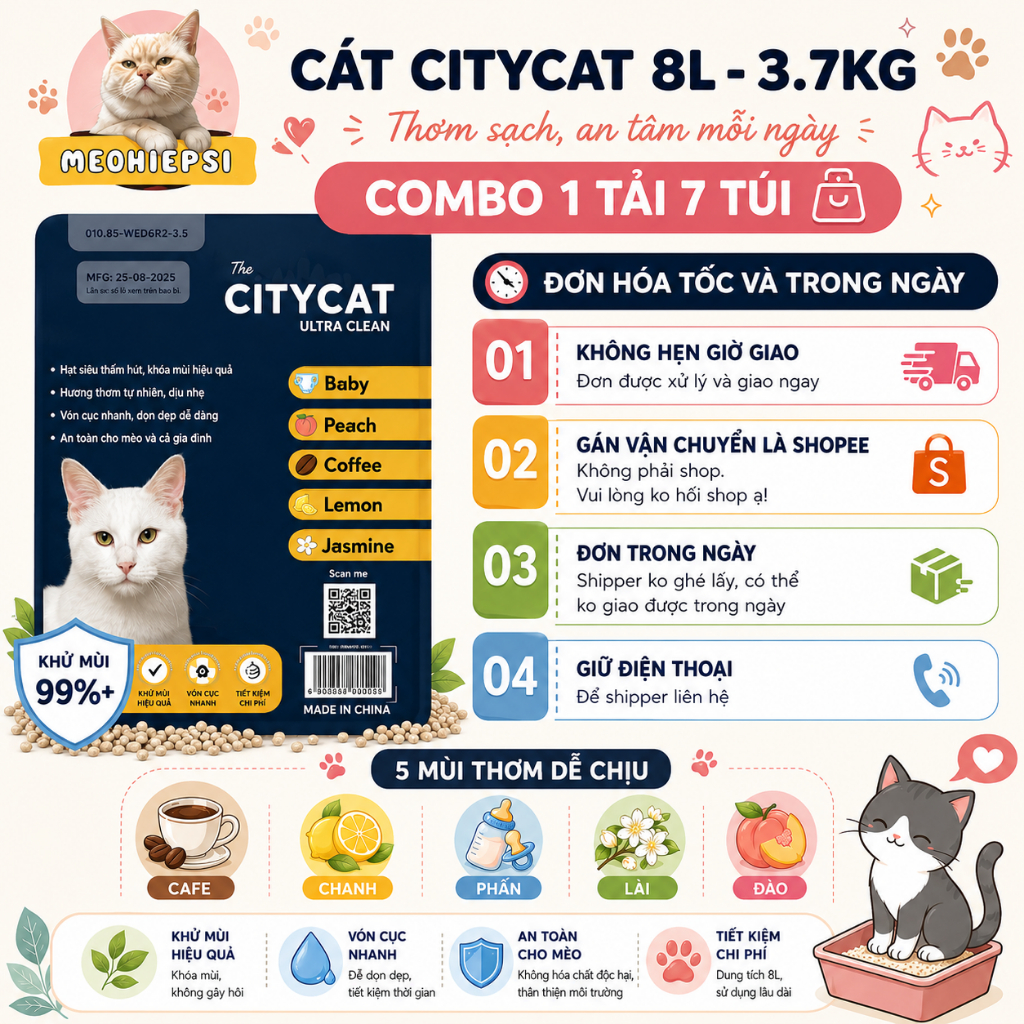 (1 tải 7 túi) cát citycat, cát vệ sinh cho mèo vón tốt, khử mùi và ít bụi - City cat 8L