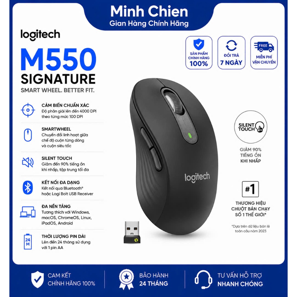 Chuột không dây Bluetooth Logitech M550 Signature - SmartWheel, giảm ồn, 4000DPI, Đa thiết bị