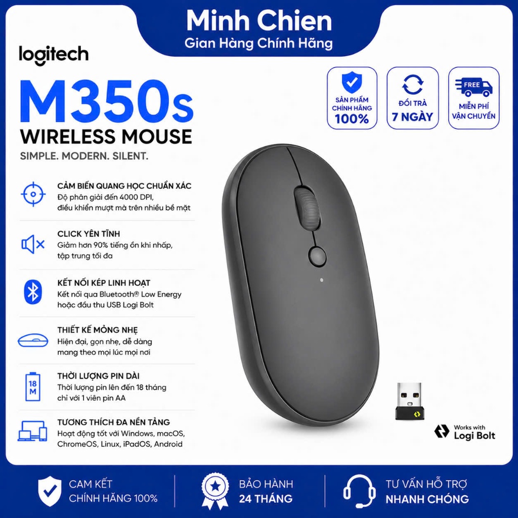 Chuột Bluetooth Logitech M350s Pebble 2 Silent - Mỏng nhẹ, Nút tùy chỉnh, Easy-Switch, 4000DPI
