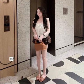 (Hỏa Tốc) Set Áo Hai Dây Ren Trắng + Quần Dáng Bí Chấm Bi, Set Đồ Nữ Tiểu Thư Ngọt Ngào Dễ Thương