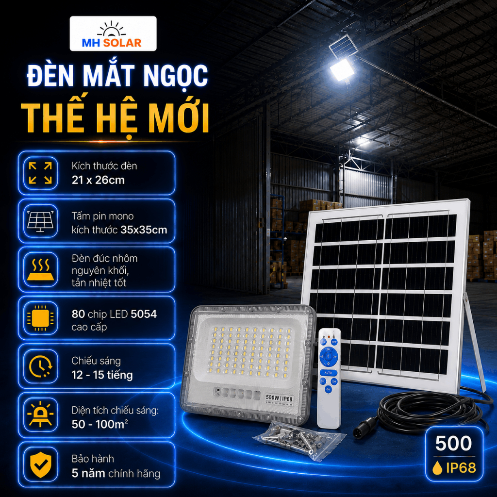 Đèn NLMT Mắt Ngọc Nhôm Đúc MH SOLAR 500 - Bảo Hành 5 Năm - Chiếu Sáng 7-8 tiếng - Kháng Nước IP68