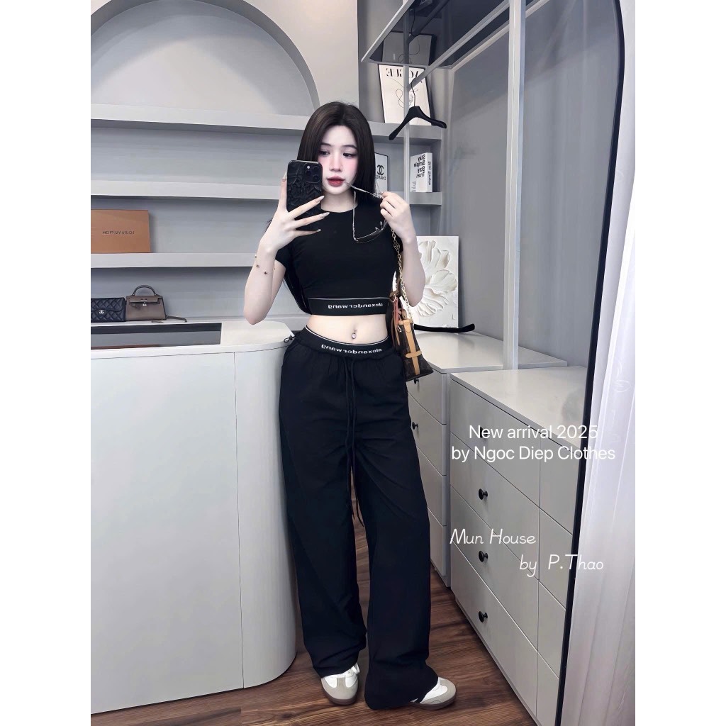 Bộ Thun Nữ Alexander Wang Dáng Croptop Quần Suông - Set Đồ Bộ Nữ Thể Thao Ống Rộng Co Giãn Mặc Nhà D
