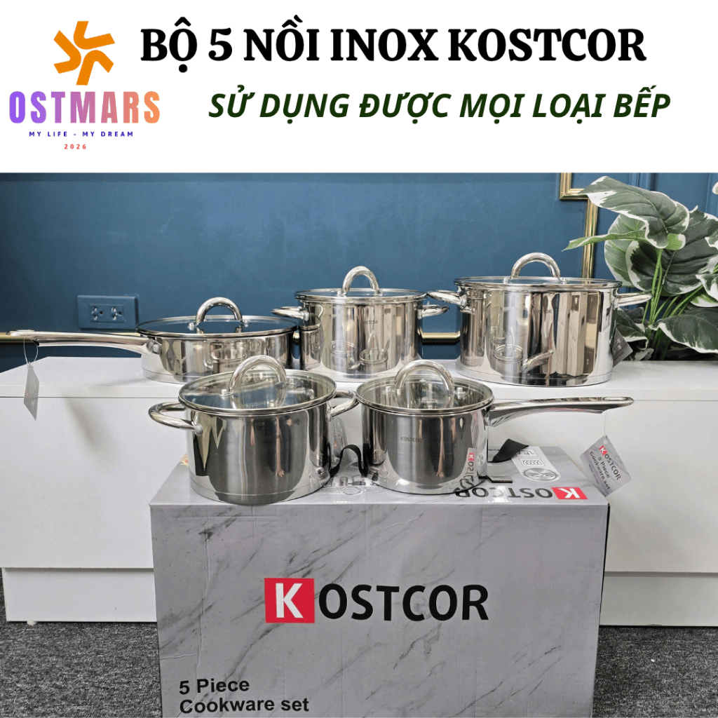 BỘ NỒI 9 ĐÁY TỪ KOSTCOR ĐỨC 5 MÓN- Bộ nồi inox Hàng loại 1 CAO CẤP CHÍNH HÃNG (2026)