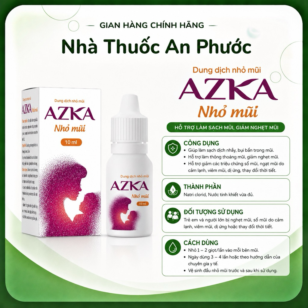 COMBO 2 chai NHỎ MŨI AZKA⚡CAM KẾT CHÍNH HÃNG ⚡Làm sạch giảm tắc nghẽn mũi 10ml