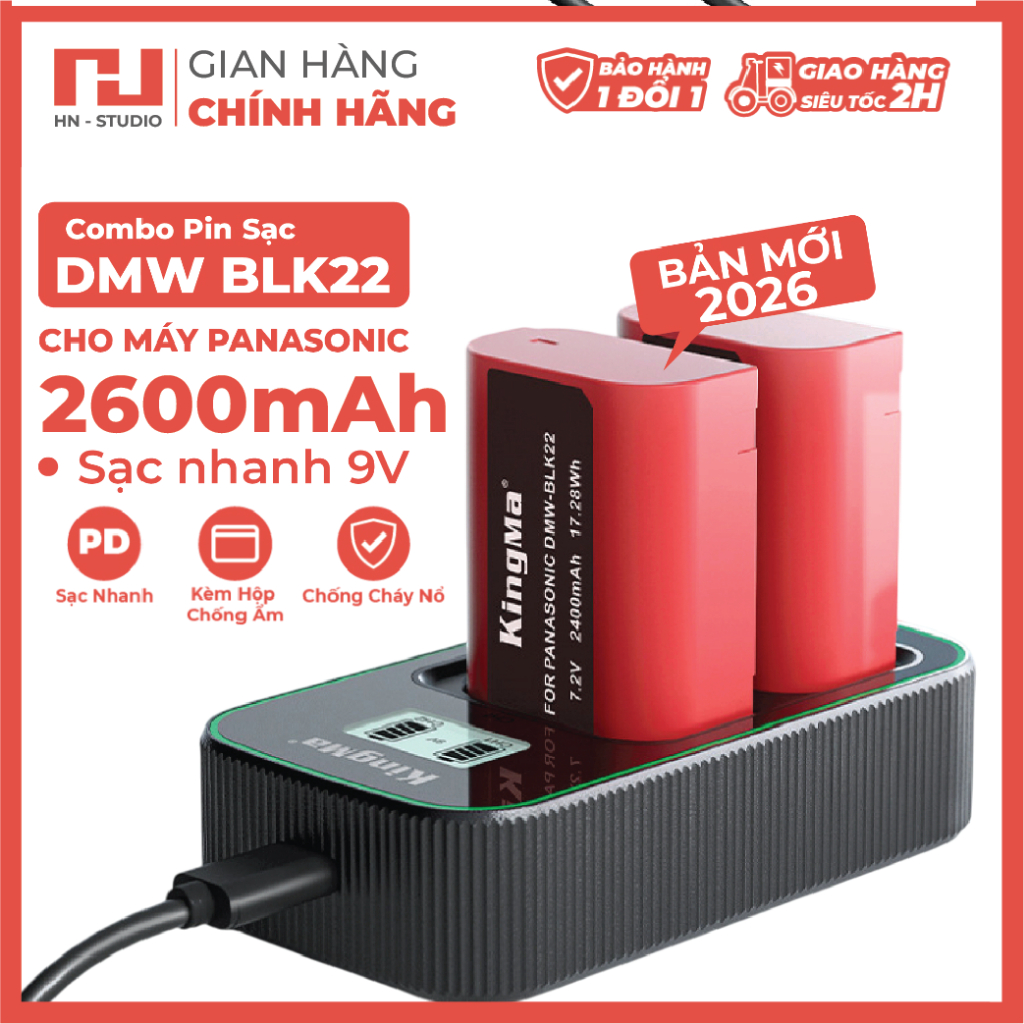Bộ Sạc Đôi Và Pin KingMa DMW BLK22 2600mAh Cho Máy ảnh Panasonic Lumix (BẢN MỚI V5 2026)