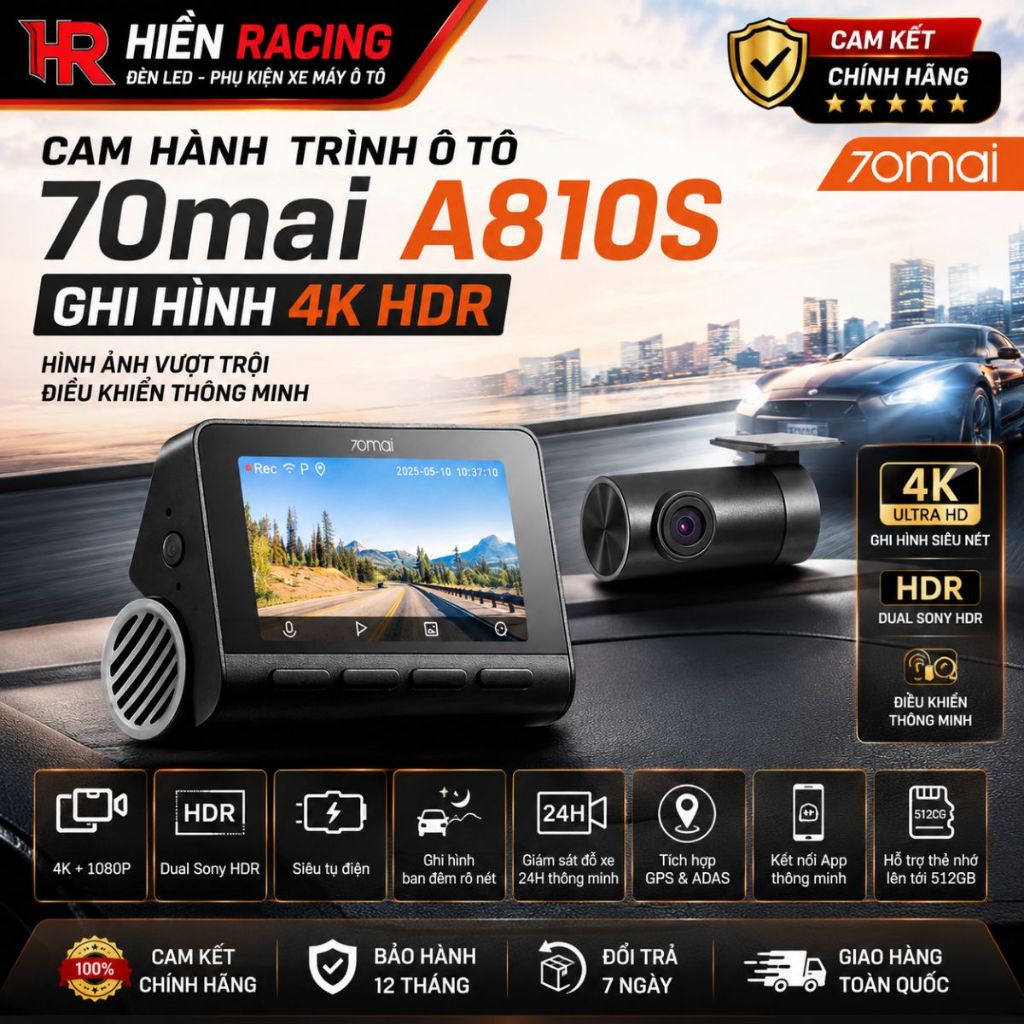 Camera Hành Trình 70mai A810S Ghi Hình Đồng Thời 2 Kênh Trước Sau 4K UHD HDR (Bản Quốc Tế)