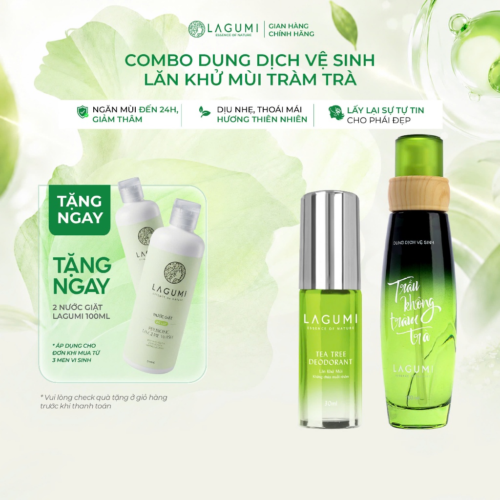Combo Dung Dịch Vệ Sinh Trầu Không Tràm Trà Và Lăn Khử Mùi Khô Thoáng Không Bết Dính Ố Vàng LAGUMI