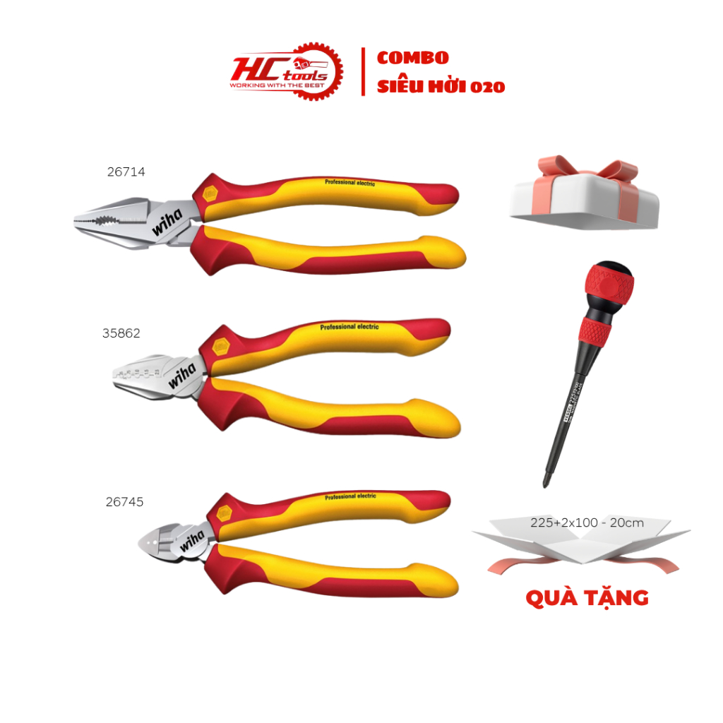 Combo 3 Kìm 26714 - 35862 - 26745 Cách Điện 1000V VDE Wiha Đức Tặng Vessel 225+2x100 - HCTools VN
