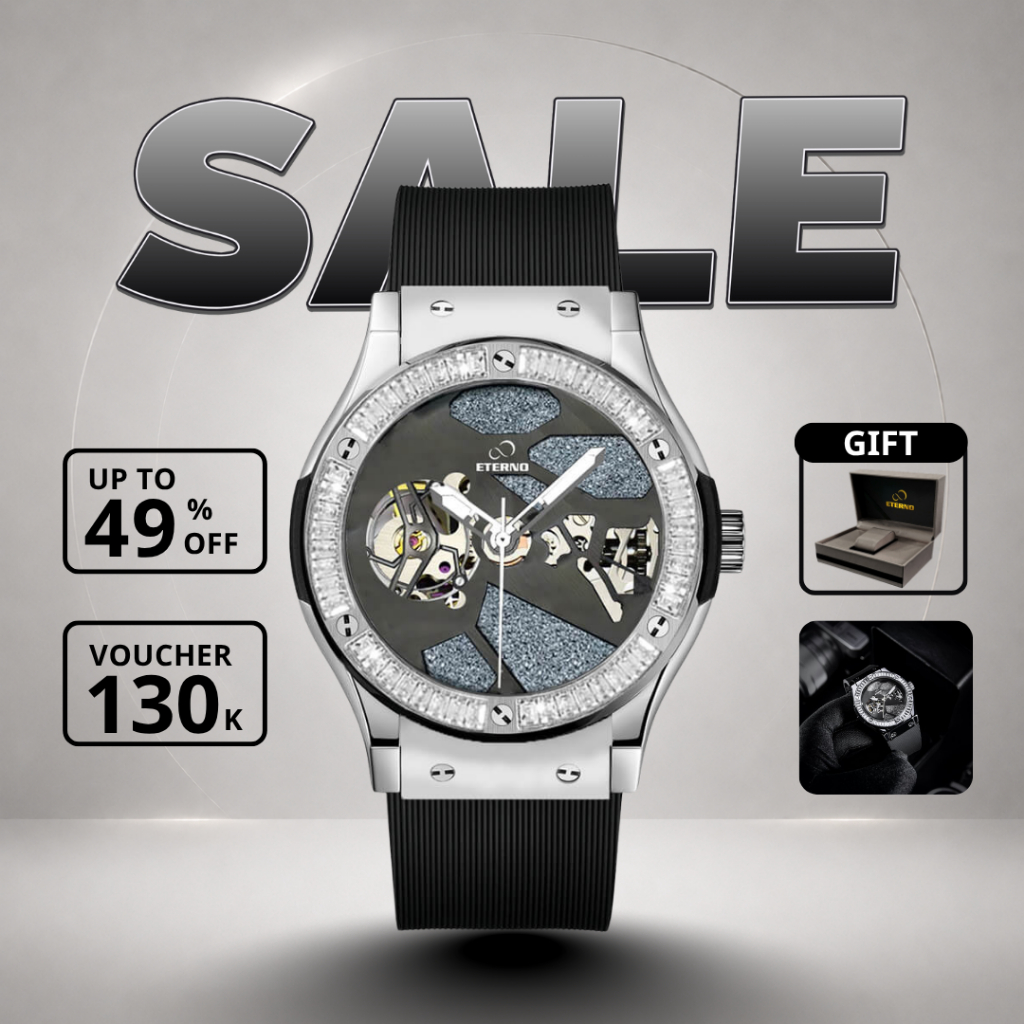 Đồng Hồ Cơ Nam ETERNO E25-0073 Automatic, Dây Cao Su Cao Cấp, Đính Đá
