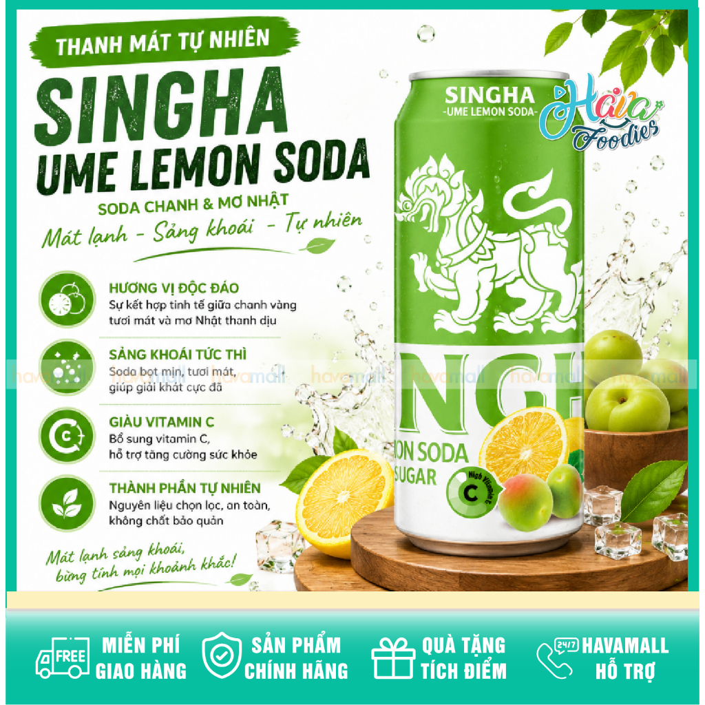 Nước Soda Vị Mơ Chanh Singha Không Đường Lon 330ml – Singha Ume Lemon Soda Zero Sugar Can 330ml