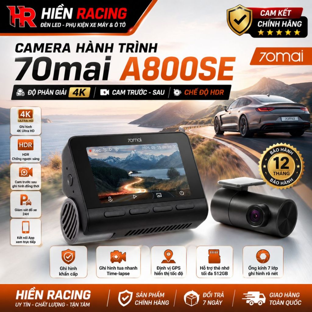 Camera Hành Trình 70mai A800SE Ghi Hình 2 Kênh Trước Sau Chất Lượng 4K UHD HDR (Bản Quốc Tế 2025)