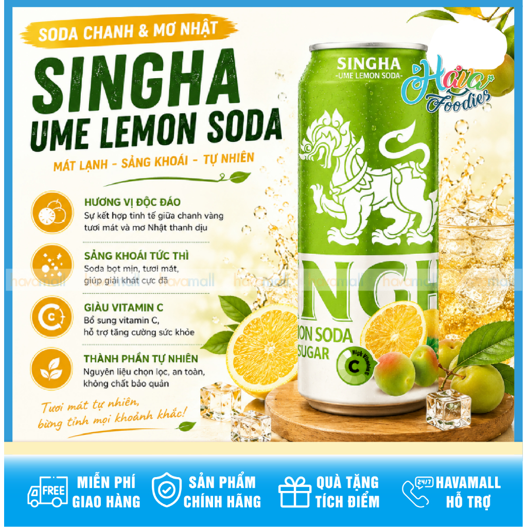 Soda Không Đường Vị Mơ Chanh Singha Lon 330ml – Singha Zero Sugar Ume Lemon Soda