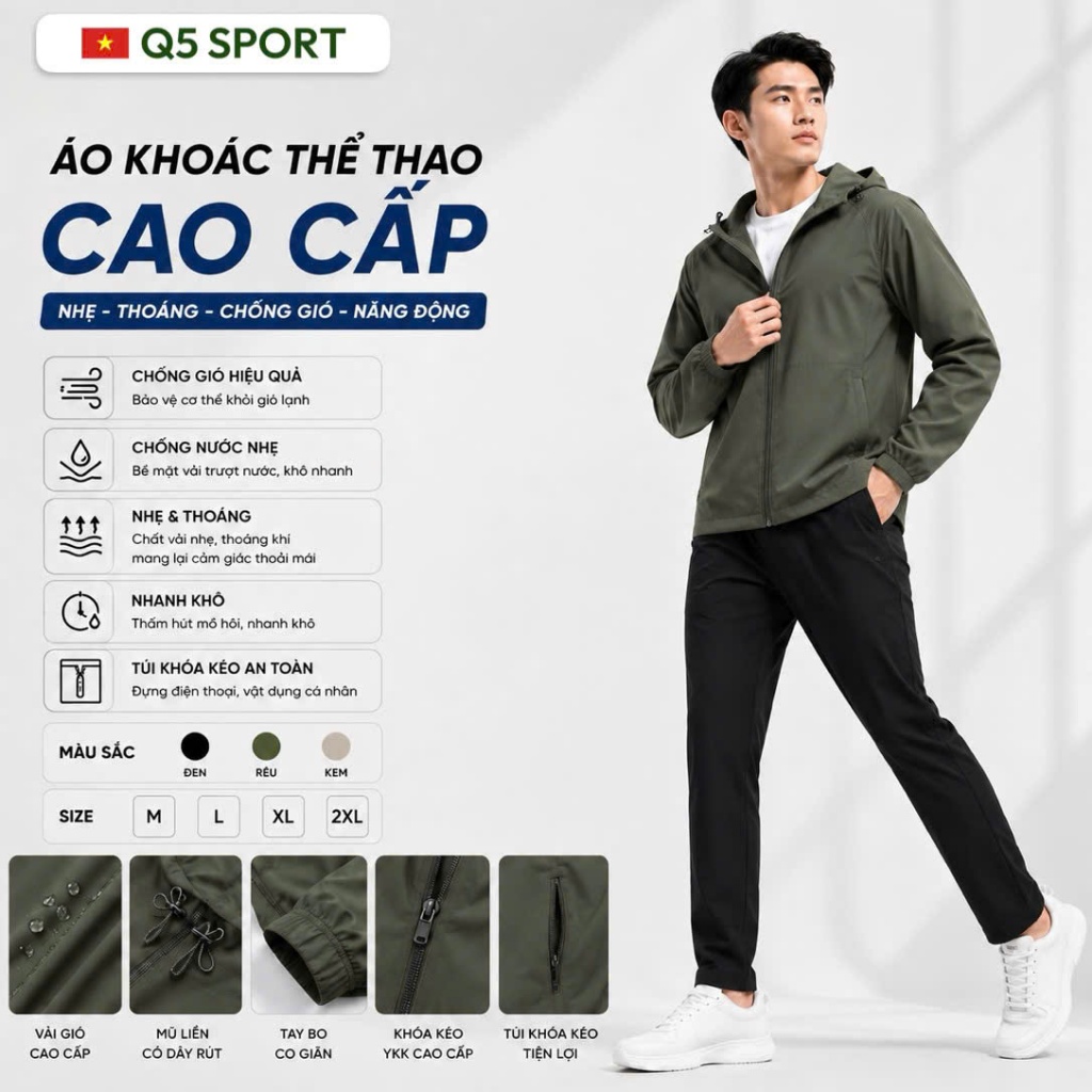 Áo khoác gió thể thao Q5 Sport  AK01  - Nam/nữ unisex - Chống gió, chống nước , vải thoáng khí - Chạ