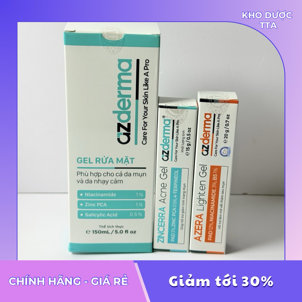 [CHÍNH HÃNG] Azderma Sữa rửa mặt Cleansing Gel Azderma 150ml, Gel Acne 15g, Gel Azera lighten 20g _g