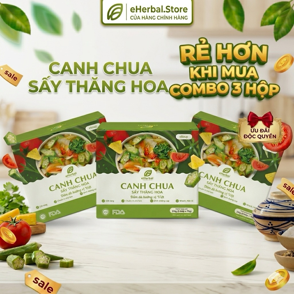 [ƯU ĐÃI] Canh chua sấy thăng hoa Eherbal 6 gói/hộp - canh ăn liền tiện lợi