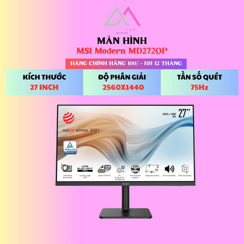 Màn Hình MSI Modern MD272QP (Kích thước: 27" | 2560x1440 | 75Hz | 4ms | ) - Hàng chính hãng - BH 36 