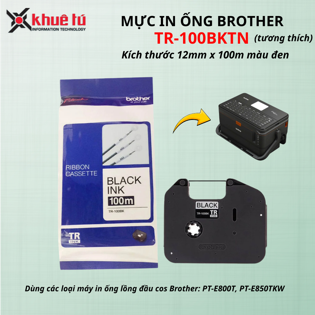 Mực in ống lồng TR-100BKTN (TƯƠNG THÍCH) khổ 12mm x 100m màu ĐEN dùng cho máy Brother PT-E800T, PT-E