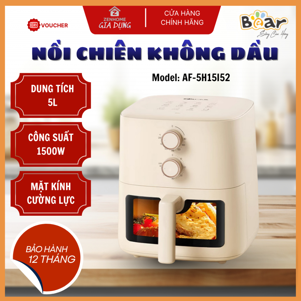 Nồi Chiên Không Dầu Bear AF-5H15I52 Dung Tích 5 Lít Công Nghệ Nướng 360 Độ, Chống Dính Cao Cấp - Zen