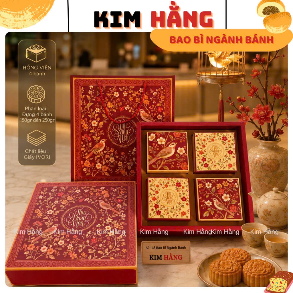 Vỏ Hộp Trung Thu 4 Bánh HỒNG VIÊN - Hộp Đựng 4 Bánh Trung Thu 150gr - 250gr . Mẫu Mới 2026