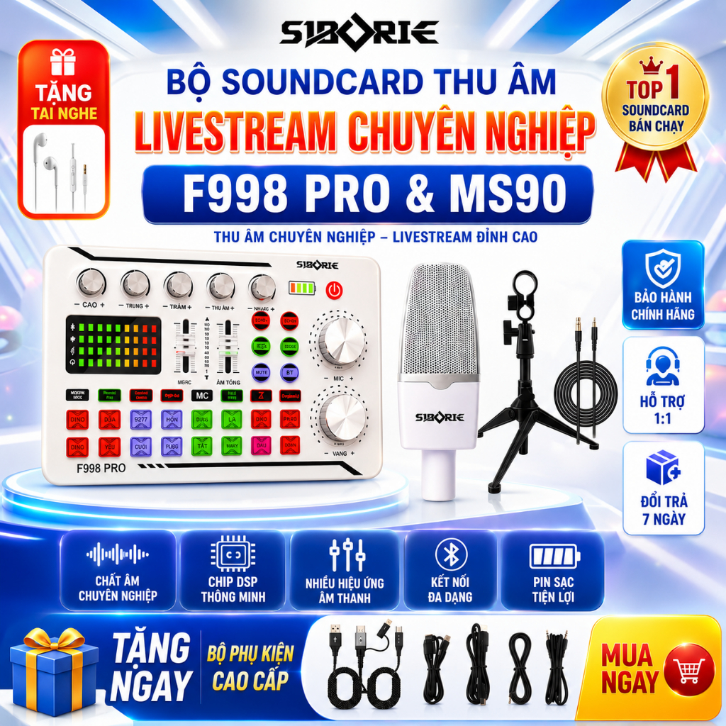 Bộ Mic Thu Âm SIBORIE F998 & Mic MS90 - Combo Livestream Karaoke Bluetooth Có Autotune [Tặng Tai Ngh