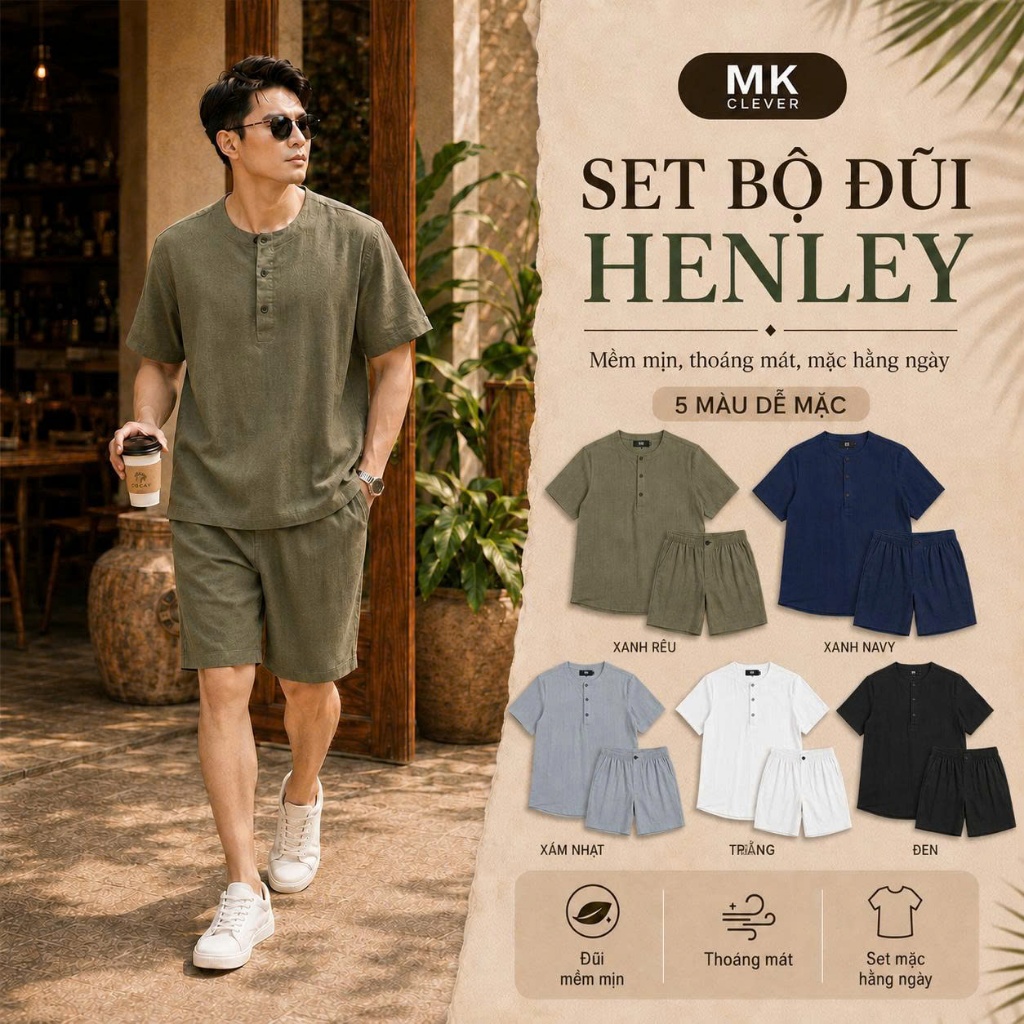 Set Bộ Đũi Henley MK CLEVER Chất liệu Đũi Nhật mềm mịn thoáng mát, chống nhăn, form rộng hằng ngày