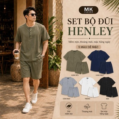 Set Bộ Đũi Henley MK CLEVER Chất liệu Đũi Nhật mềm mịn thoáng mát, chống nhăn, form rộng hằng ngày