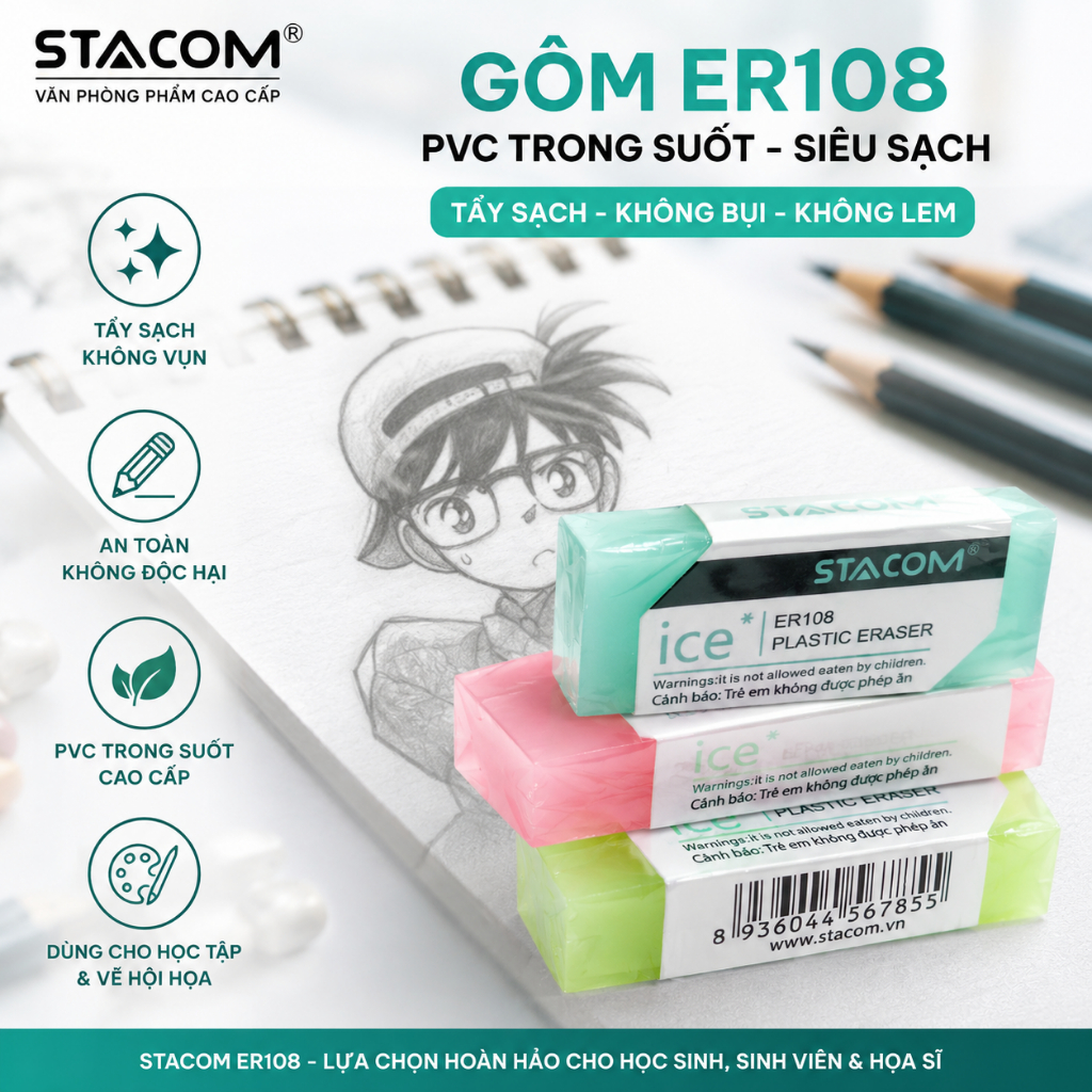 Gôm trong suốt, chất liệu PVC cao cấp, siêu sạch không để lại vết bẩn vụn | Stacom ER108