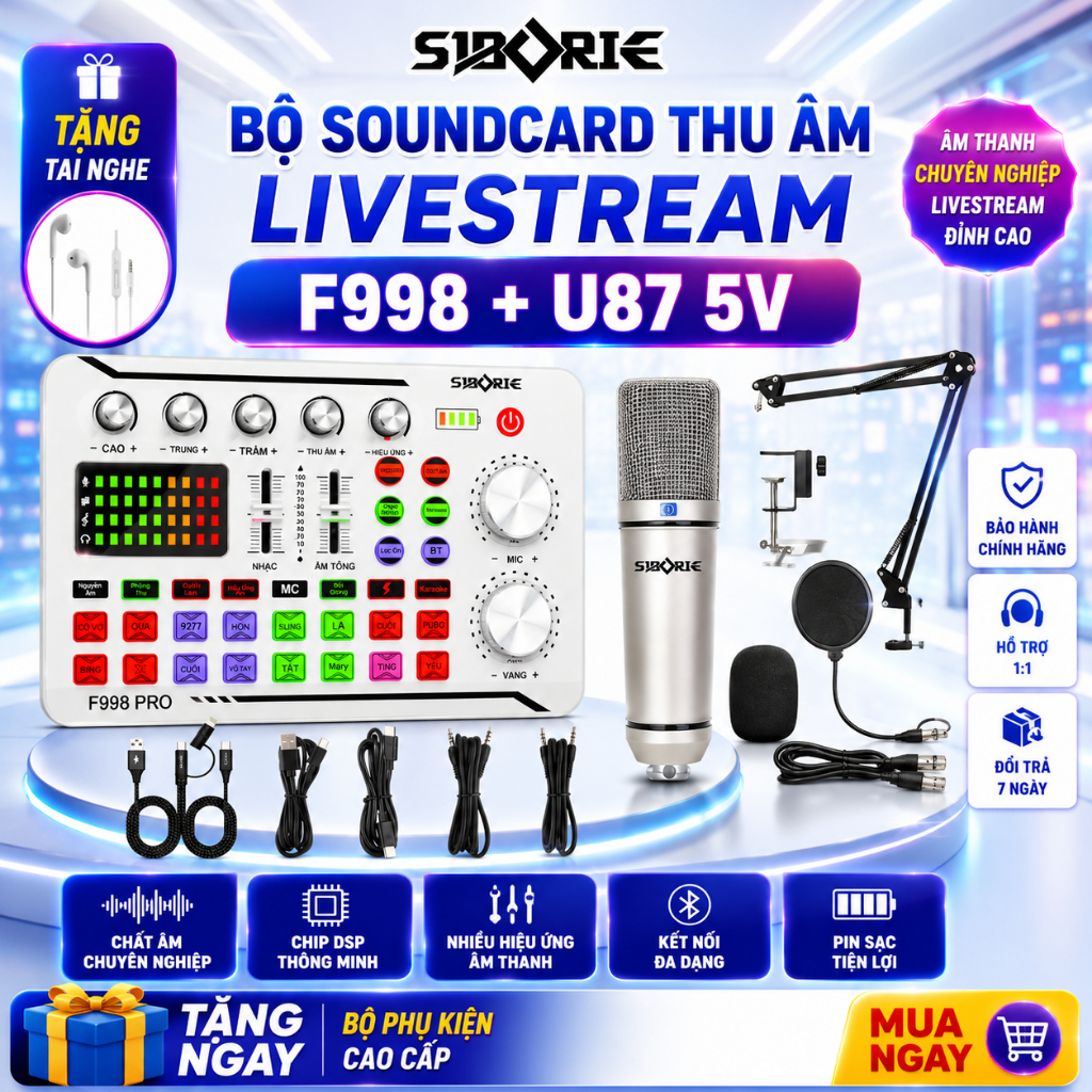 Soundcard F998 + Mic U87-5V Thu Âm Livestream Hát Karaoke Dùng cho điện thoại , máy tính , có hiệu ứ