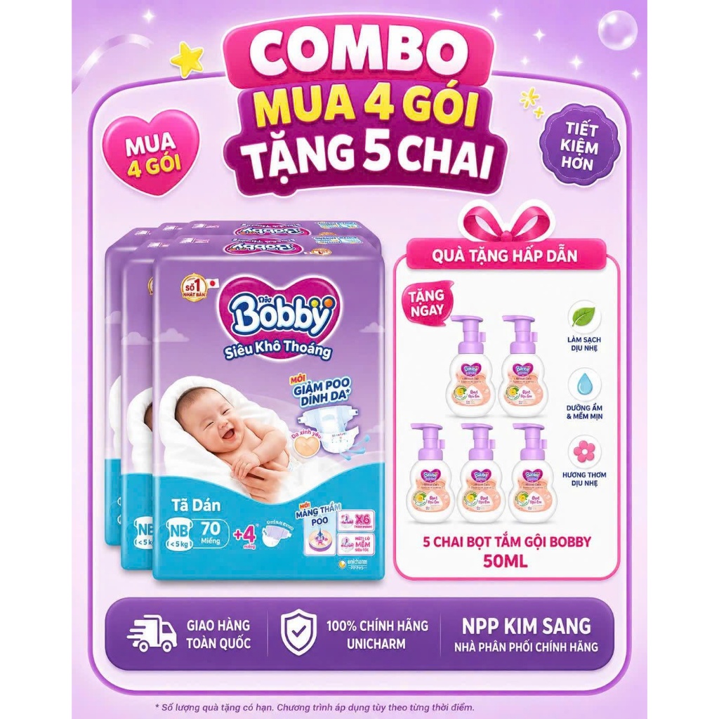 [COMBO 4G] Tả Dán Bobby Sơ Sinh NB70 Miếng - Kisa - Care