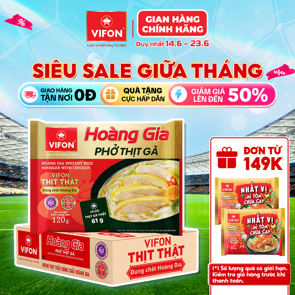 [VOUCHER HOT 10%] Thùng 18 gói Phở Thịt Gà HOÀNG GIA VIFON có Gói Sốt Thịt 120g / Gói