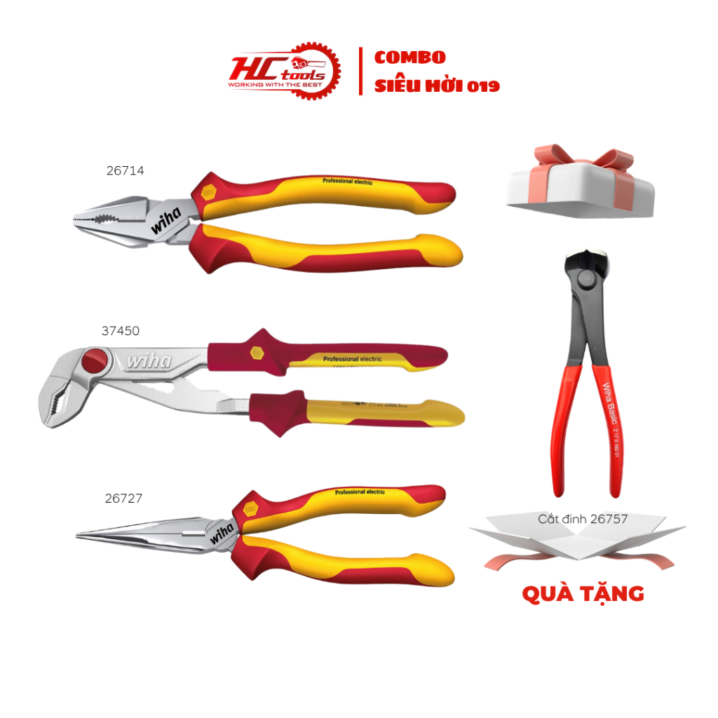 Combo 3 Kìm Cách Điện 1000V Wiha (26714 - 37450 - 26727) - Tặng Kìm Cắt Đinh Classic Wiha 26757
