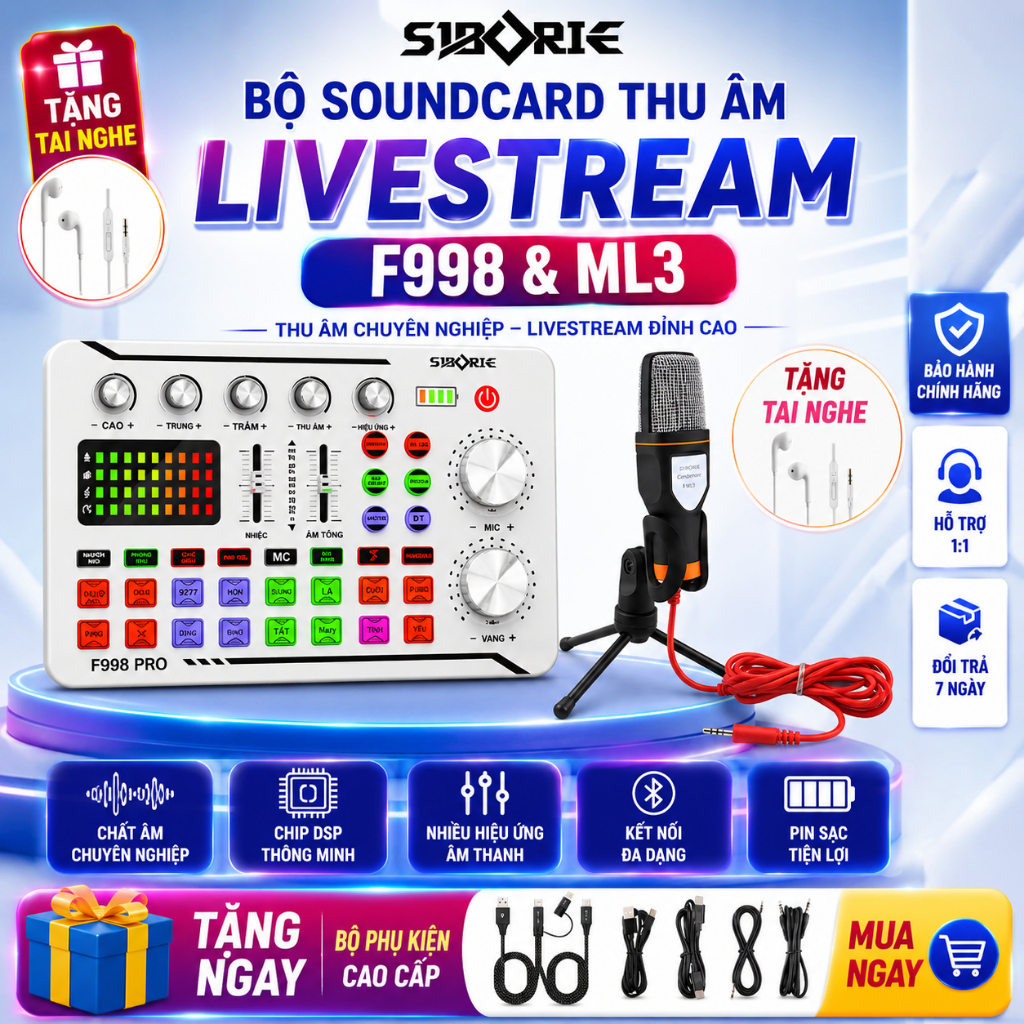 Bộ Mic Thu Âm SIBORIE F998 & Mic ML3 - Combo Livestream Karaoke Bluetooth Có Autotune [Tặng Tai Nghe