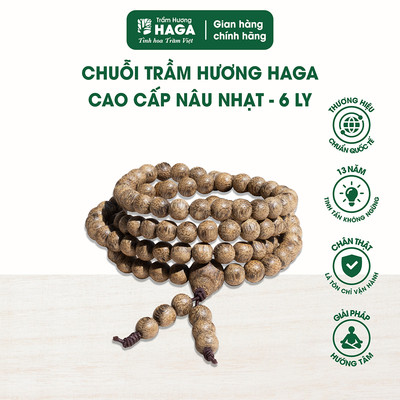 Chuỗi trầm hương HAGA cao cấp nâu nhạt, Đậm ngọt hương trầm, Phong thủy tài lộc - 108 hạt 6ly/8ly
