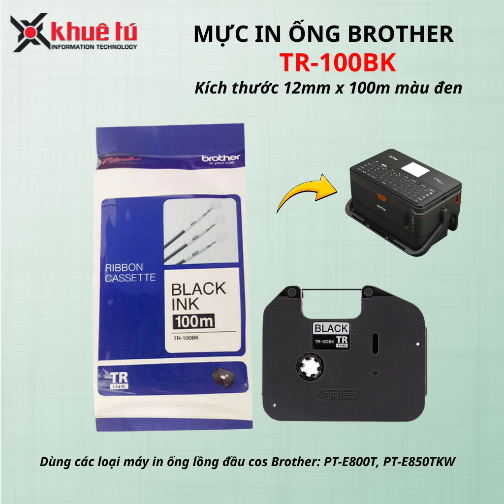 Mực in ống lồng TR-100BK dùng cho máy in ống Brother PT-E800T, PT-E850TKW, khổ 12mm x 100m màu ĐEN