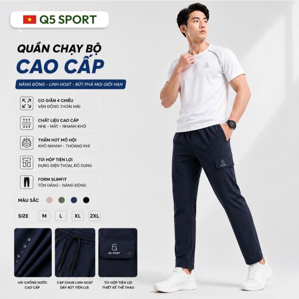 Quần dài thể thao nam Q5 Sport chất gió túi hộp QDTT01 – Co giãn 4 chiều, thấm hút mồ hôI, chạy bộ t