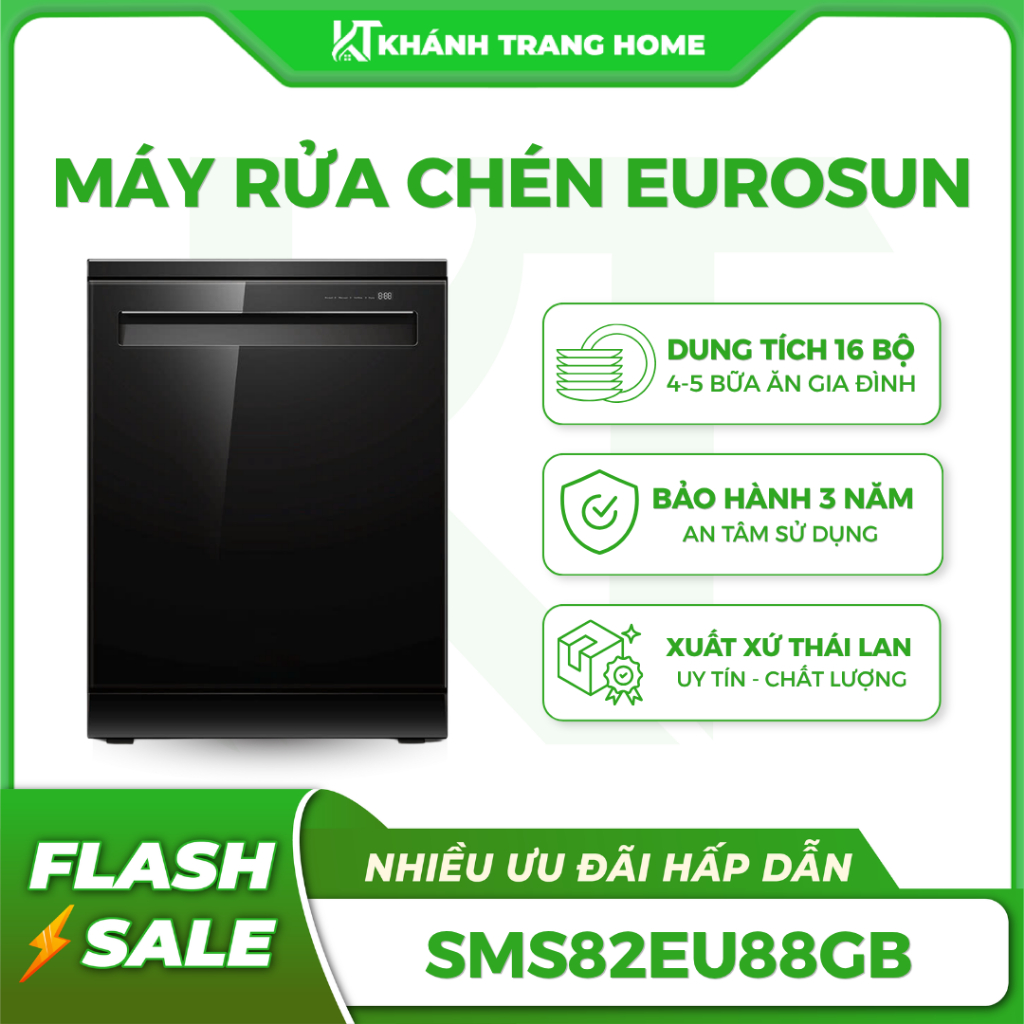 Máy rửa chén Eurosun SMS82EU88GB 16 bộ, nhập khẩu Thái Lan, diệt khuẩn UV - Khánh Trang Home