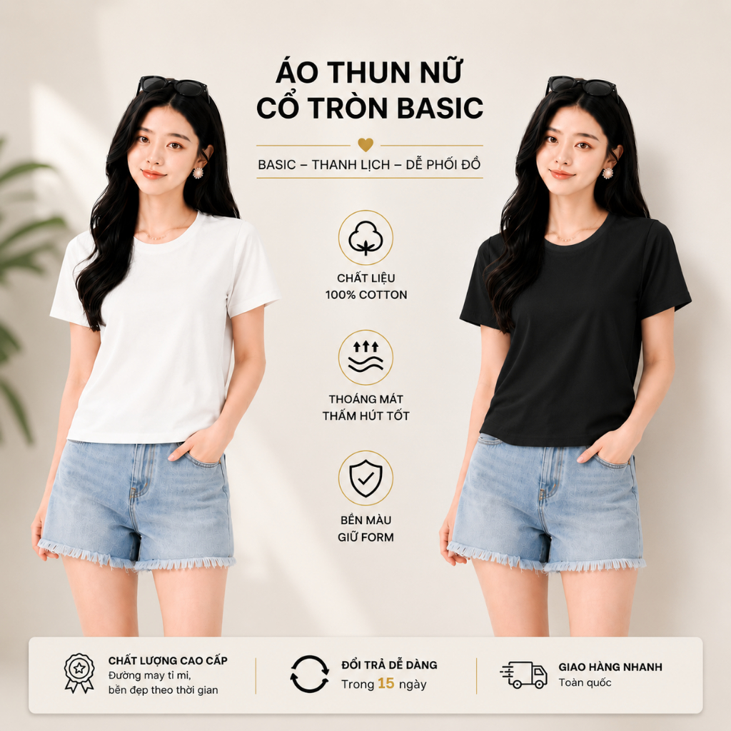 Sét Áo Thun Nữ Cổ Tròn HT Design Basic Cotton 4 Chiều Form Chuẩn Thanh Lịch Dễ Phối Đồ Công Sở