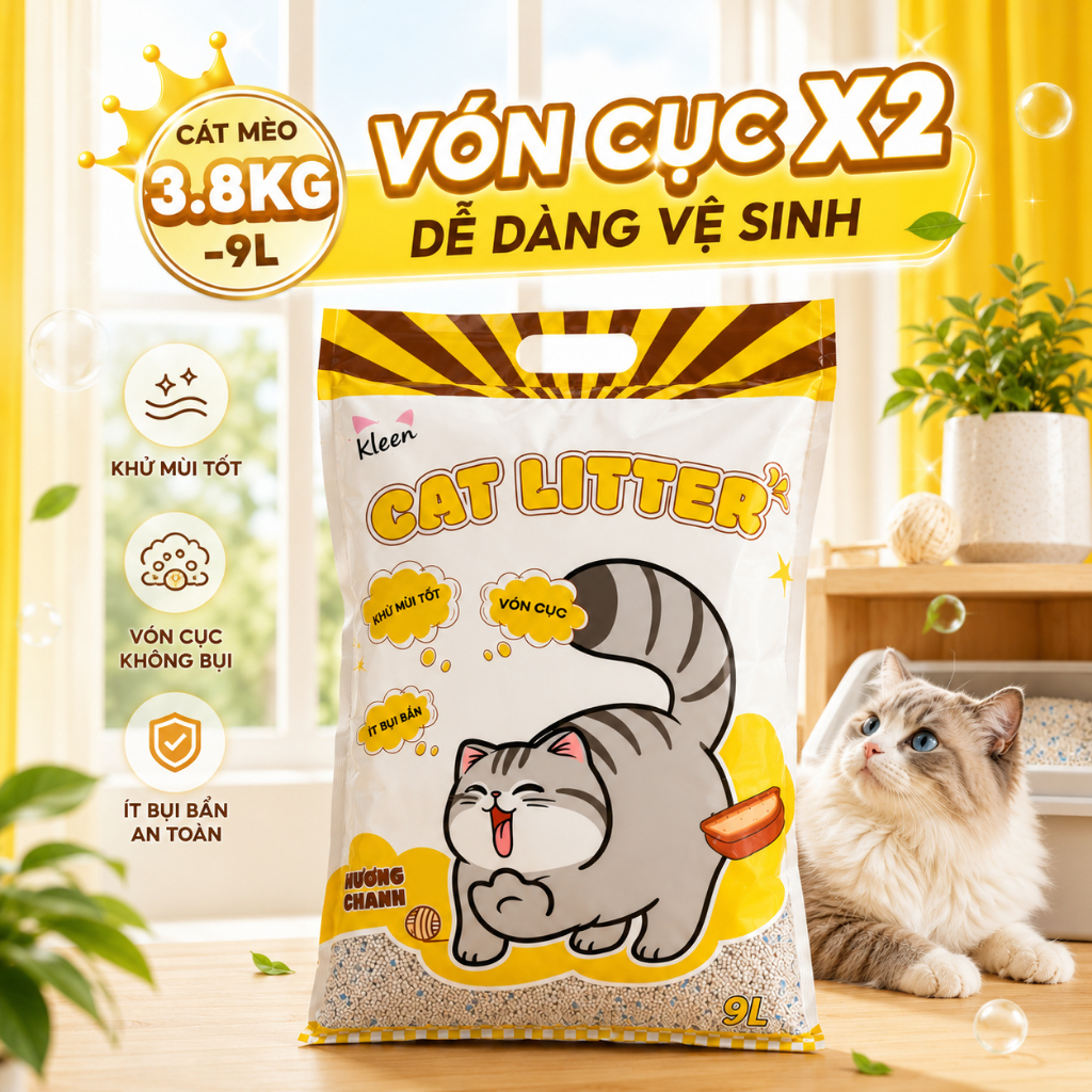 Cát Vệ Sinh Cho Mèo Cat Litter Kleen Cat, Cát Mèo Siêu Vón Cục túi 9L - 3.8Kg- CM01