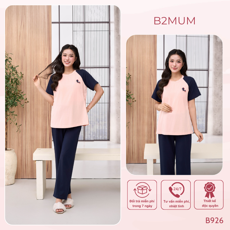 Bộ Bầu Cotton Than Phối Hồng Đính Ngựa, Đồ Bộ Mặc Nhà Cho Mẹ Bầu & Sau Sinh, Có Đệm Mút Ngực, Cove S